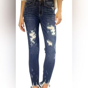 JUDY BLUE Mid Rise Distressed Destroyed Raw Hem Skinny Dark Indigo Jeans 7/28